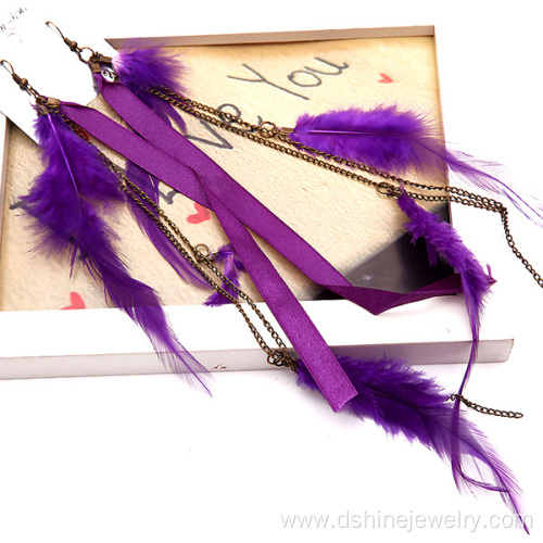 Ribbon Chain Long Feather Earrings Dangle Studs Earrings